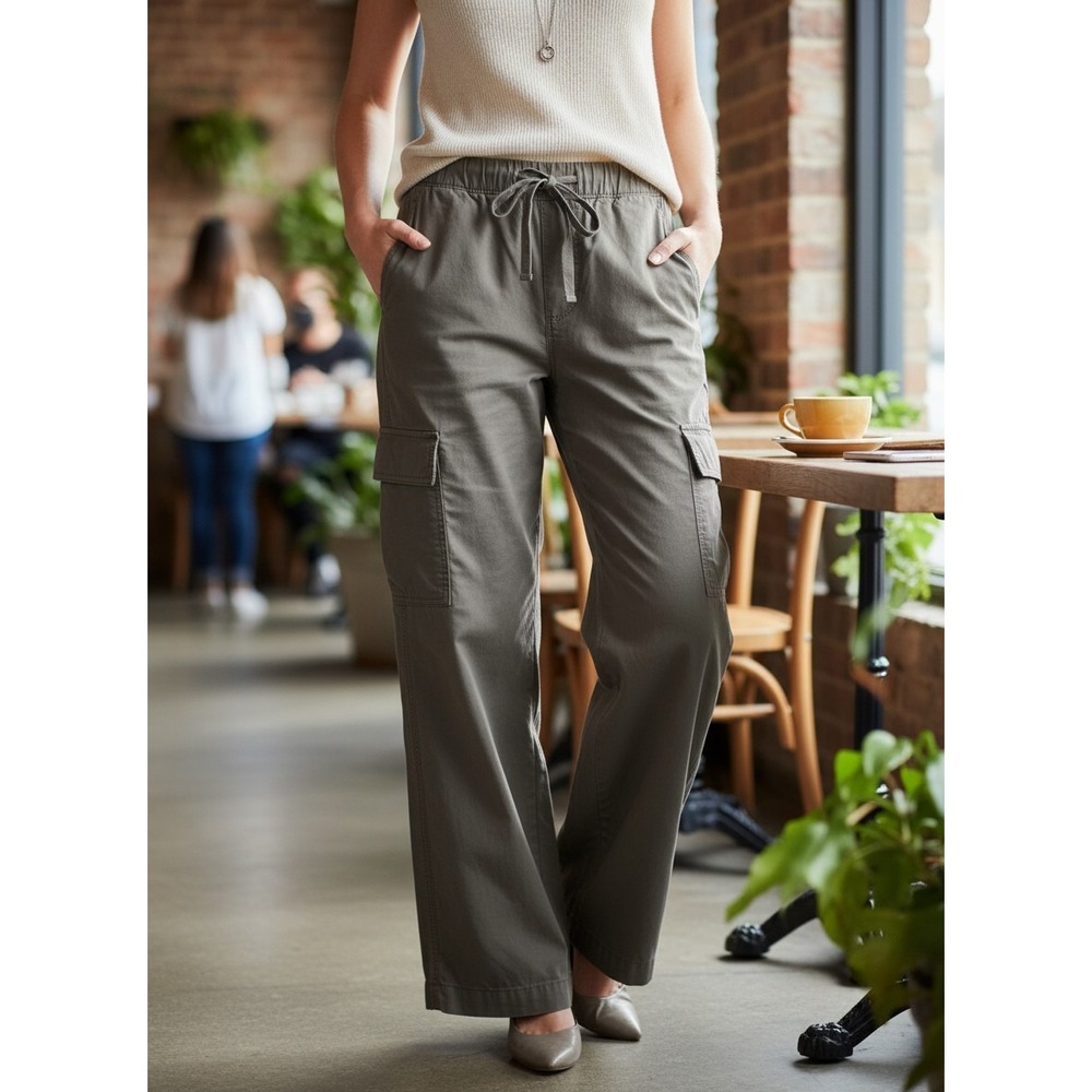 Arizona Jean Co Women's Cargo Pants Olive Shadow Drawstring Waist Wide Leg-L